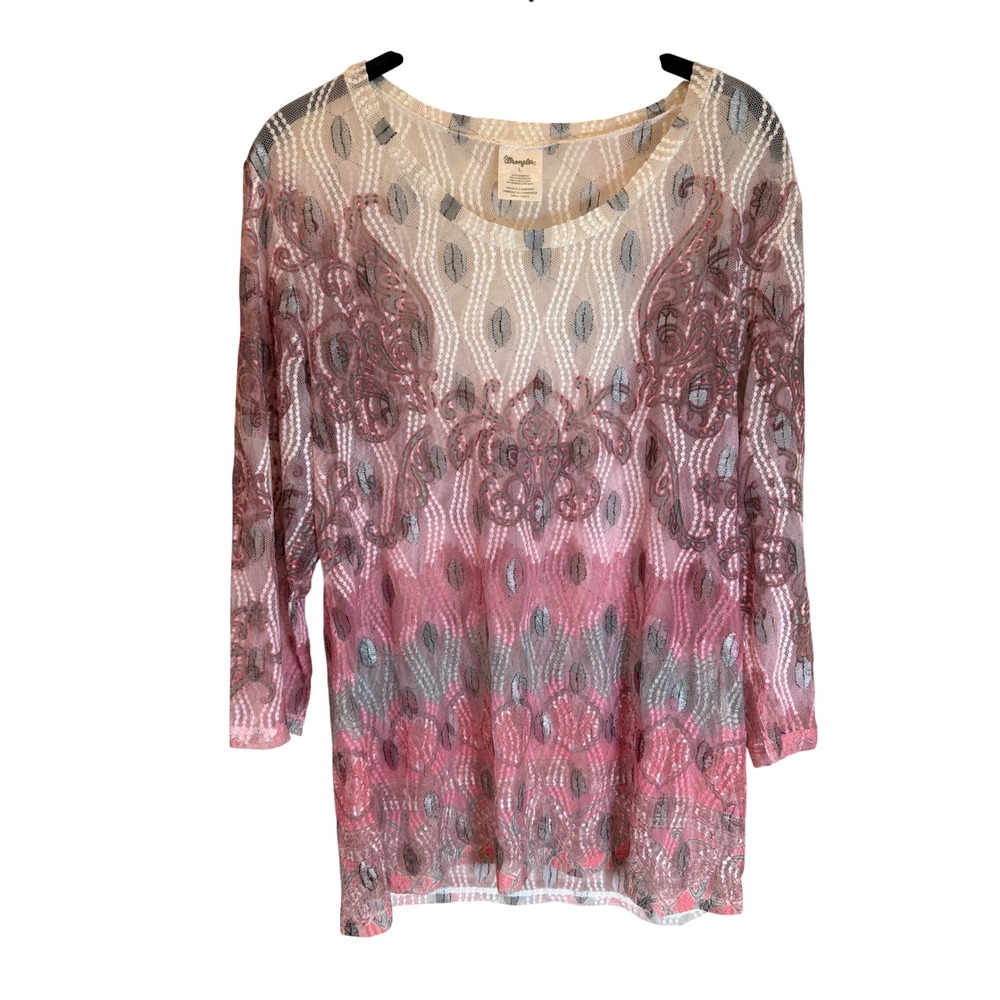 Wrangler Womens Pink Ombre Sheer Mesh Lurex Western Scroll Top Y2k Large